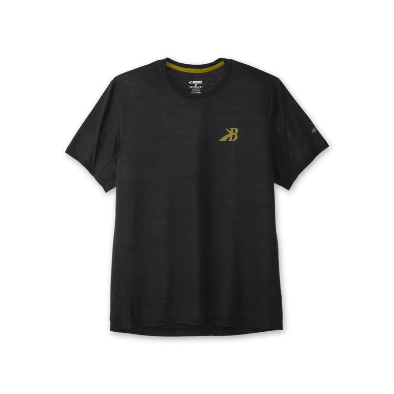 Brooks Men's DISTANCE GRAPHIC Short Sleeve Running Shirt - Black/Gold//Medallion - Canada (ZSRCD-470